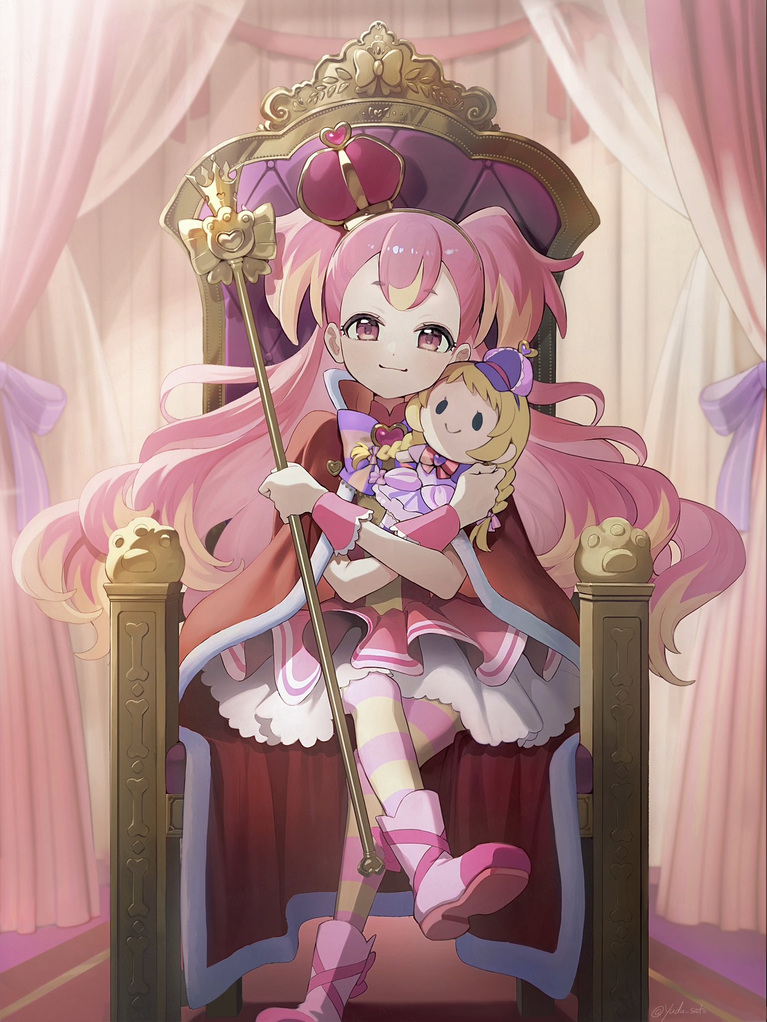 yuzu sato, cure friendy, cure wonderful, inukai komugi, precure, wonderful precure!, commentary, highres, 1girl, blonde hair, boots, bow, brooch, crown, curtains, dress, frilled dress, frills, hair pulled back, heart, heart brooch, hugging doll, hugging object, jewelry, long hair, looking at viewer, magical girl, mini crown, multicolored hair, pink boots, pink crown, pink dress, pink hair, pink wrist cuffs, puffy sleeves, purple bow, short sleeves, sitting on throne, stuffed toy, throne, throne room, two-tone hair, two side up, wrist cuffs