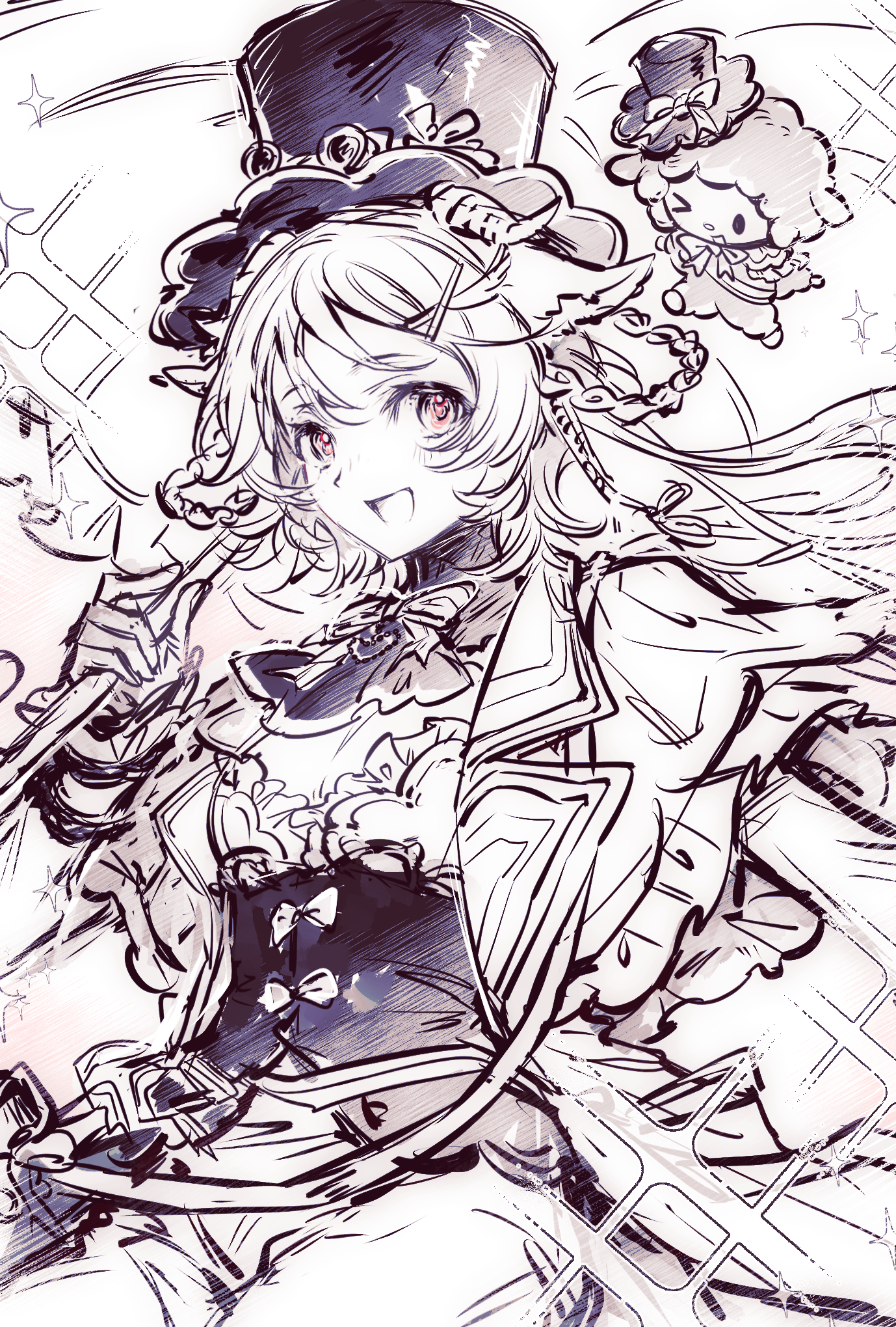 eyjafjalla (arknights), arknights, sanrio, character request, chinese commentary, clothing request, commentary request, highres, 1girl, :d, animal ears, bow, bowtie, chibi, chibi inset, chibikemo, corset, demiannuo, eyjafjalla (fluffy little witch) (arknights), four-pointed star, gloves, hair ornament, hat, holding, holding umbrella, horns, open mouth, pink eyes, ribbon, sitting, smile, solo, sparkle, top hat, umbrella