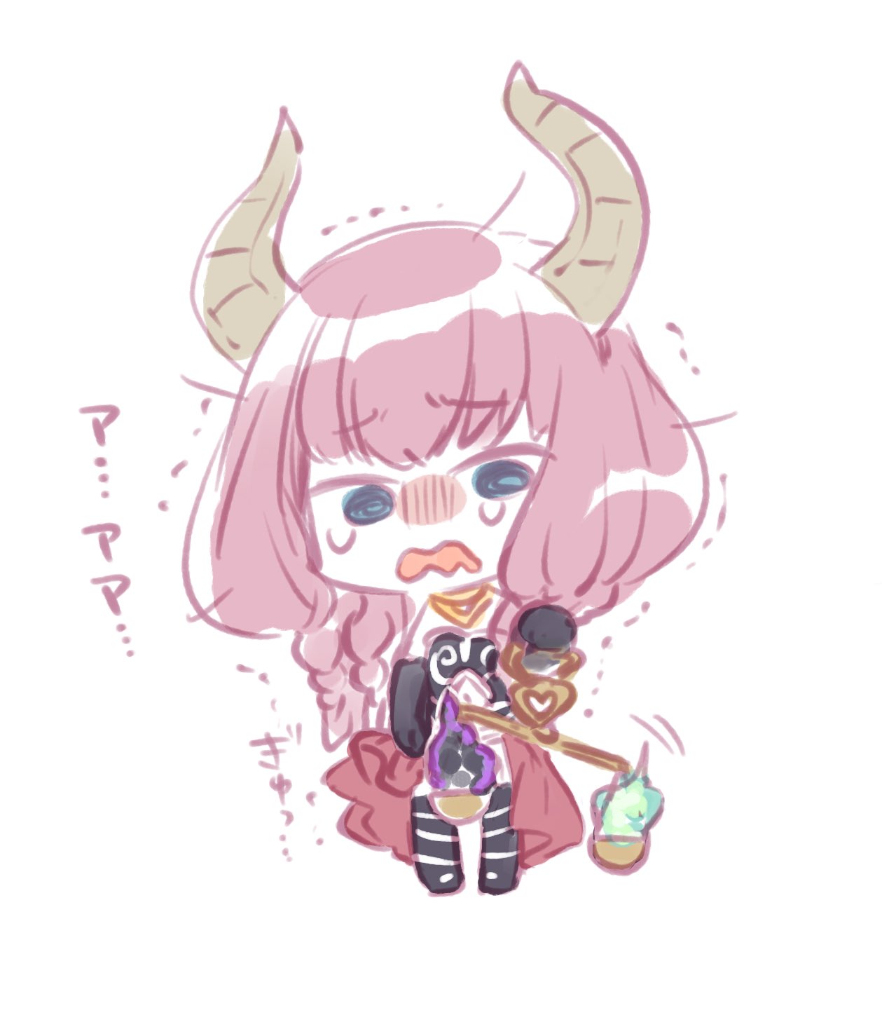 kuroi mimei, aura (sousou no frieren), sousou no frieren, commentary, highres, 1girl, @ @, black dress, black gloves, blue eyes, charisma break, chibi, chibi only, demon girl, demon horns, dress, full body, furrowed brow, gloves, gold necklace, hair between eyes, hand up, holding scale, horns, jewelry, long hair, looking at viewer, necklace, open mouth, pink hair, quad braids, scared, simple background, solo, sound effects, standing, trembling, wavy mouth, weighing scale, white background