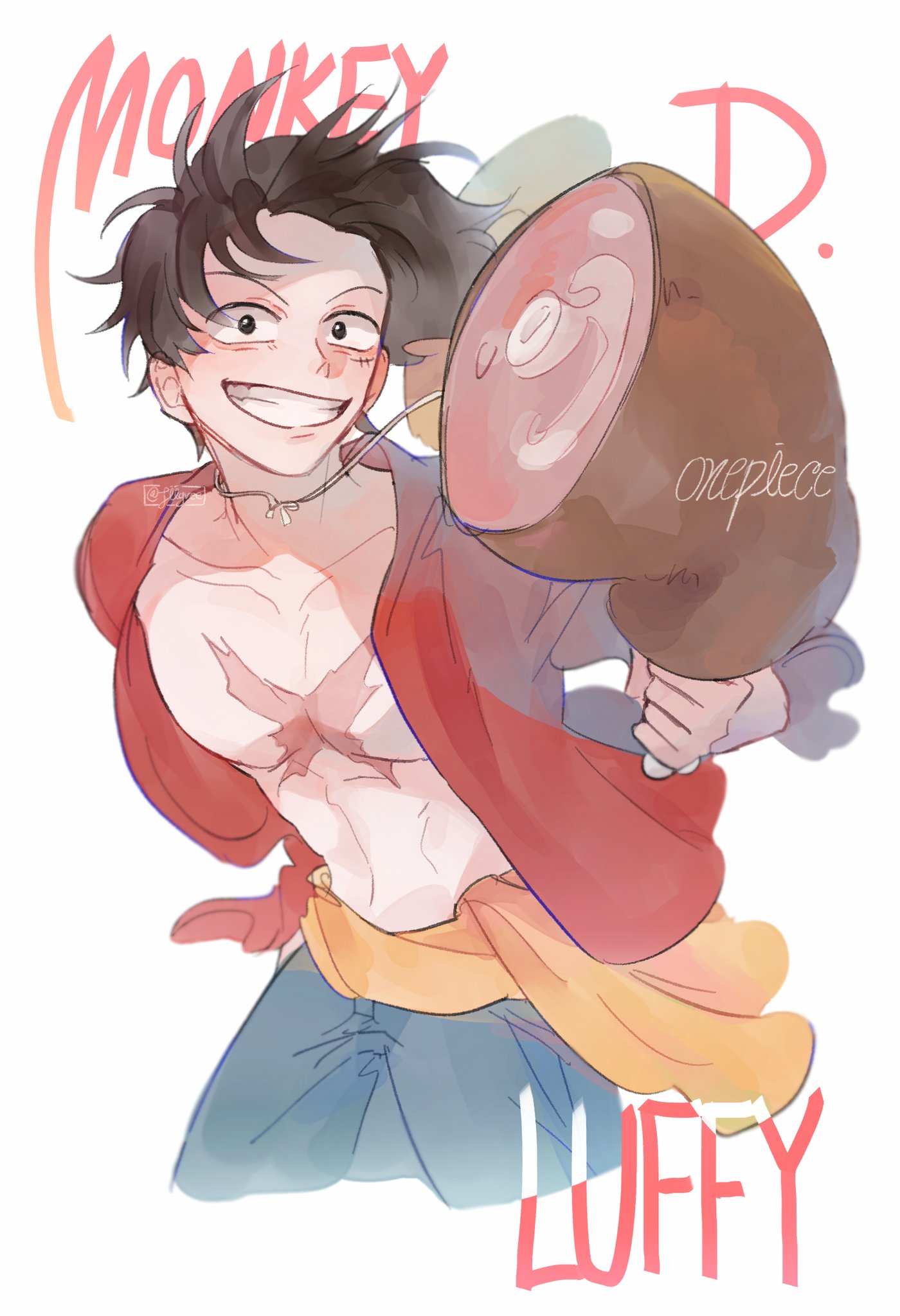 monkey d. luffy, one piece, commentary request, highres, korean commentary, 1boy, blue shorts, boned meat, character name, collarbone, cowboy shot, cross scar, facial scar, food, grin, hat, holding, holding food, jiigree, looking at viewer, male focus, meat, open clothes, open shirt, pectorals, red shirt, sash, scar, scar on cheek, scar on chest, scar on face, shirt, short hair, shorts, smile, solo, stomach, straw hat, unworn hat, unworn headwear, white background, yellow sash
