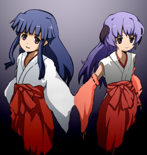 furude rika, hanyuu, higurashi no naku koro ni, 00s, 2girls, blue hair, hakama, hakama skirt, horns, japanese clothes, miko, multiple girls, purple hair, red hakama, skirt