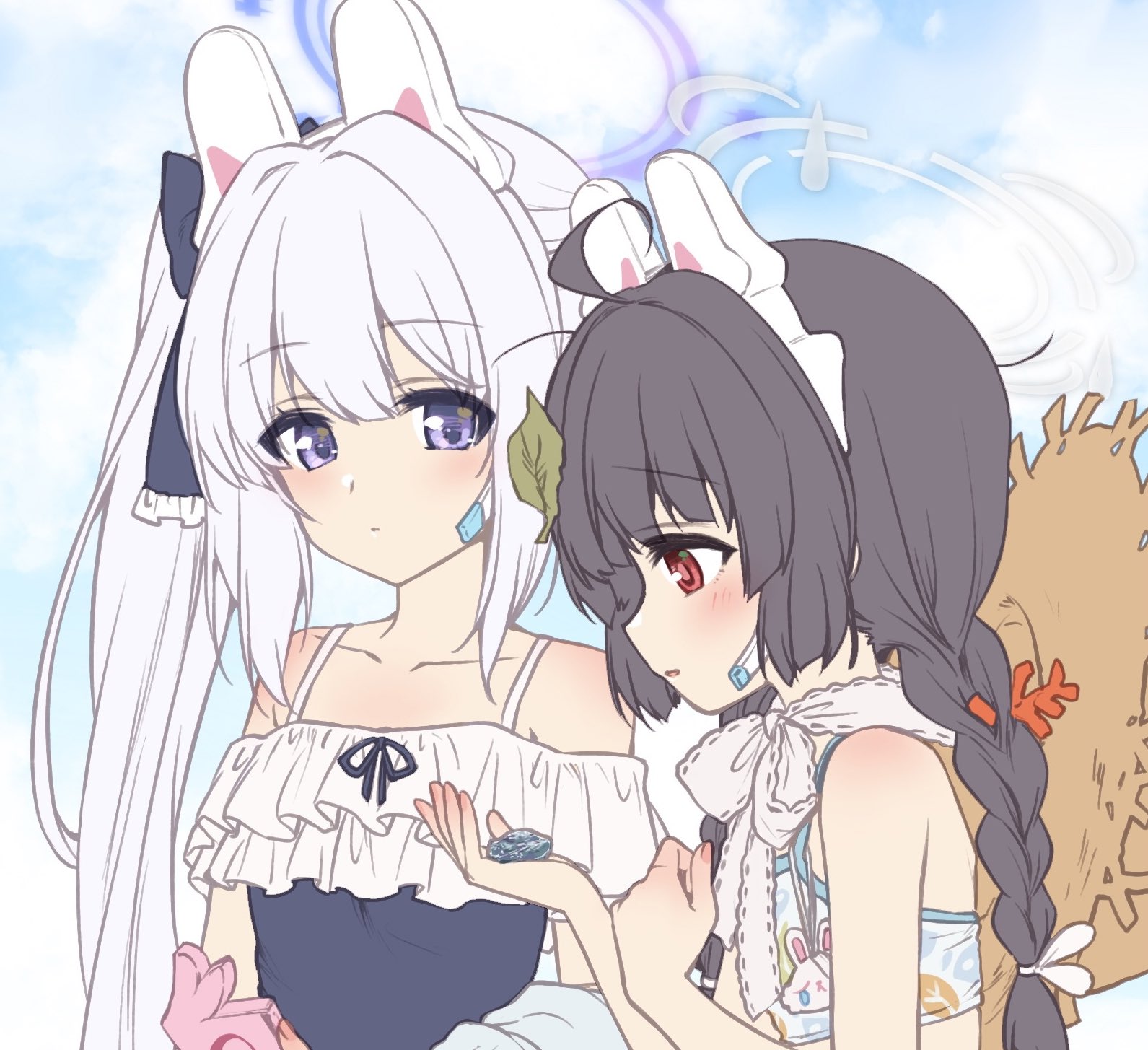 kuroi mimei, miyako (blue archive), miyako (swimsuit) (blue archive), miyu (blue archive), miyu (swimsuit) (blue archive), blue archive, commentary request, highres, 2girls, ahoge, animal ears, bare shoulders, bikini, black hair, black one-piece swimsuit, blue halo, blunt bangs, blunt ends, blush, braid, breasts, closed mouth, collarbone, day, fake animal ears, fingernails, frilled one-piece swimsuit, frills, from side, grey halo, hair intakes, halo, hands up, hat, hat on back, holding, holding rock, leaf, leaf on head, leaf print, long hair, looking at object, multiple girls, off-shoulder one-piece swimsuit, off shoulder, official alternate costume, official alternate hairstyle, one-piece swimsuit, open mouth, outdoors, print bikini, profile, purple eyes, rabbit ears, red eyes, rock, side ponytail, sidelocks, small breasts, smile, straight hair, straw hat, swimsuit, twin braids, upper body, very long hair, white bikini, white hair