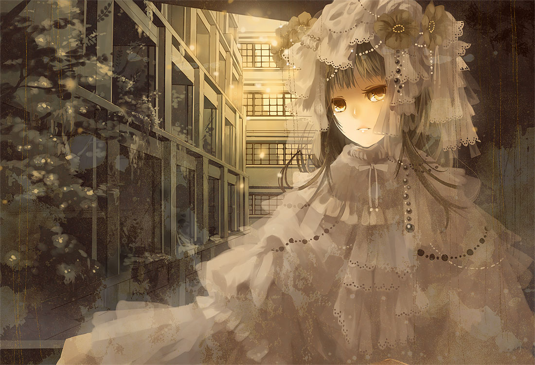 mirusa, bad id, bad pixiv id, black hair, dress, flower, hat, lolita fashion, long hair, solo, yellow eyes