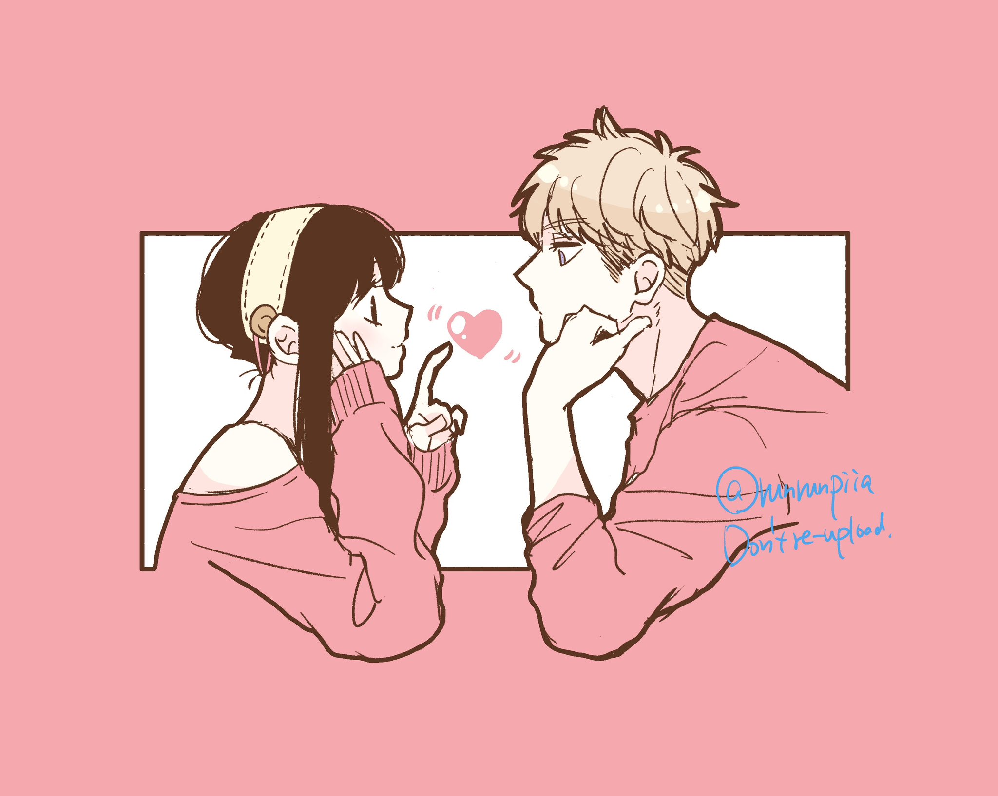 tori (runrunpiia), twilight (spy x family), yor briar, spy x family, highres, 1boy, 1girl, black hair, blonde hair, border, couple, hairband, hand on own cheek, hand on own face, head on hand, hetero, light blush, light smile, long hair, looking at another, off-shoulder sweater, off shoulder, pink border, pink shirt, pink sweater, shirt, short hair, sidelocks, sleeves rolled up, sweater, twitter username, updo, upper body, white background, white hairband