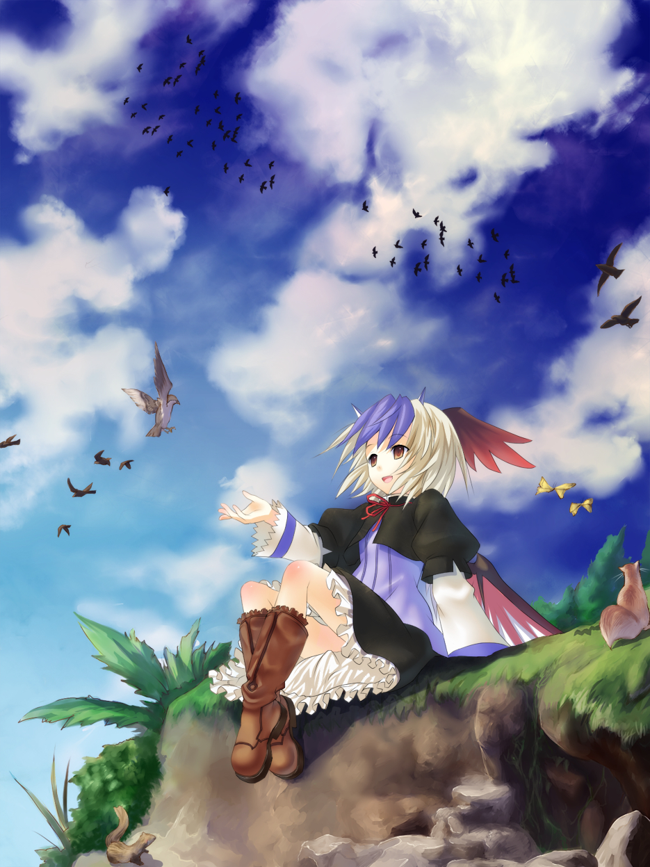eho (icbm), kaiho, tokiko (touhou), touhou, bad id, bad pixiv id, highres, 1girl, boots, brown boots, dress, female focus, gradient background, head wings, horns, multicolored hair, nature, outdoors, plant, sky, solo, wings, yellow eyes