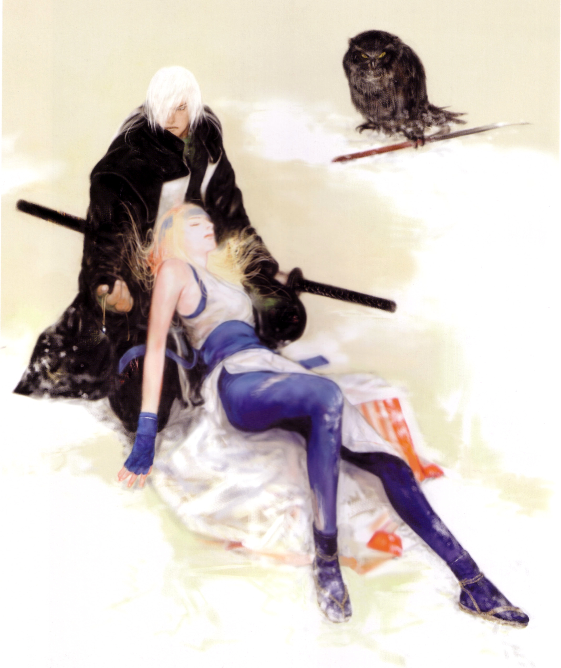 senno aki, setsuna (last blade), yuki (last blade), bakumatsu rouman, snk, absurdres, highres, official art, 1boy, 1girl, bird, blonde hair, brother and sister, headband, japanese clothes, jewelry, katana, necklace, owl, sheath, sheathed, siblings, sword, weapon, white hair