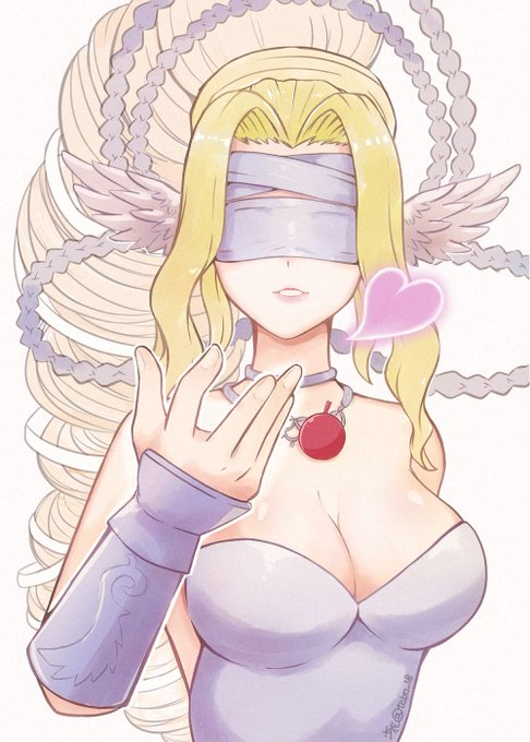 rikka (tcbn 18), venusmon, digimon, 1girl, bare shoulders, blindfold, blonde hair, blowing kiss, breasts, cleavage, digimon (creature), dress, long hair, simple background, solo, strapless, strapless dress, upper body, white background, white dress