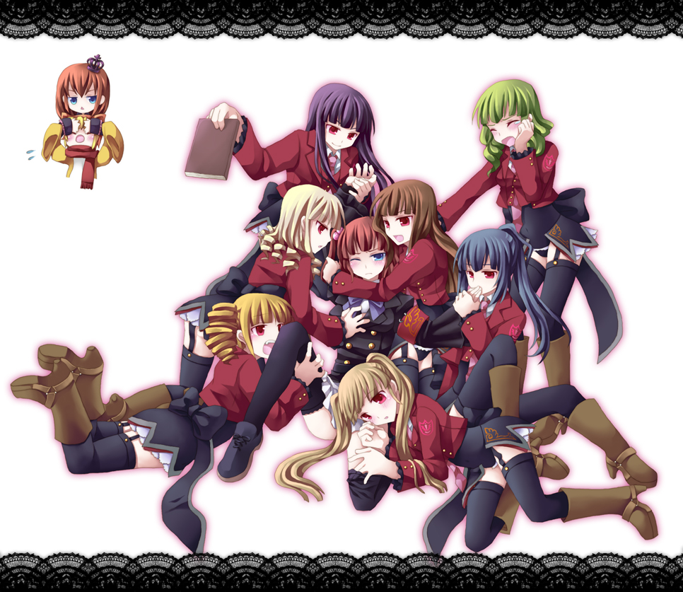 kotoko (oxxxo), asmodeus (umineko), beelzebub (umineko), belphegor (umineko), leviathan (umineko), lucifer (umineko), mammon (umineko), maria (umineko), sakutarou (umineko), satan (umineko), stakes of purgatory, ushiromiya ange, ushiromiya maria, umineko no naku koro ni, bad id, bad pixiv id, 00s, 6+girls, black hair, blonde hair, blue eyes, blush, book, breasts, brown hair, chibi, closed eyes, crown, drill hair, female focus, grabbing another's breast, green hair, groping, hair bobbles, hair ornament, harem, hug, large breasts, medium breasts, multiple girls, necktie, orange hair, pink necktie, ponytail, red eyes, red hair, scarf, tears, thighhighs, twintails, white hair, yuri