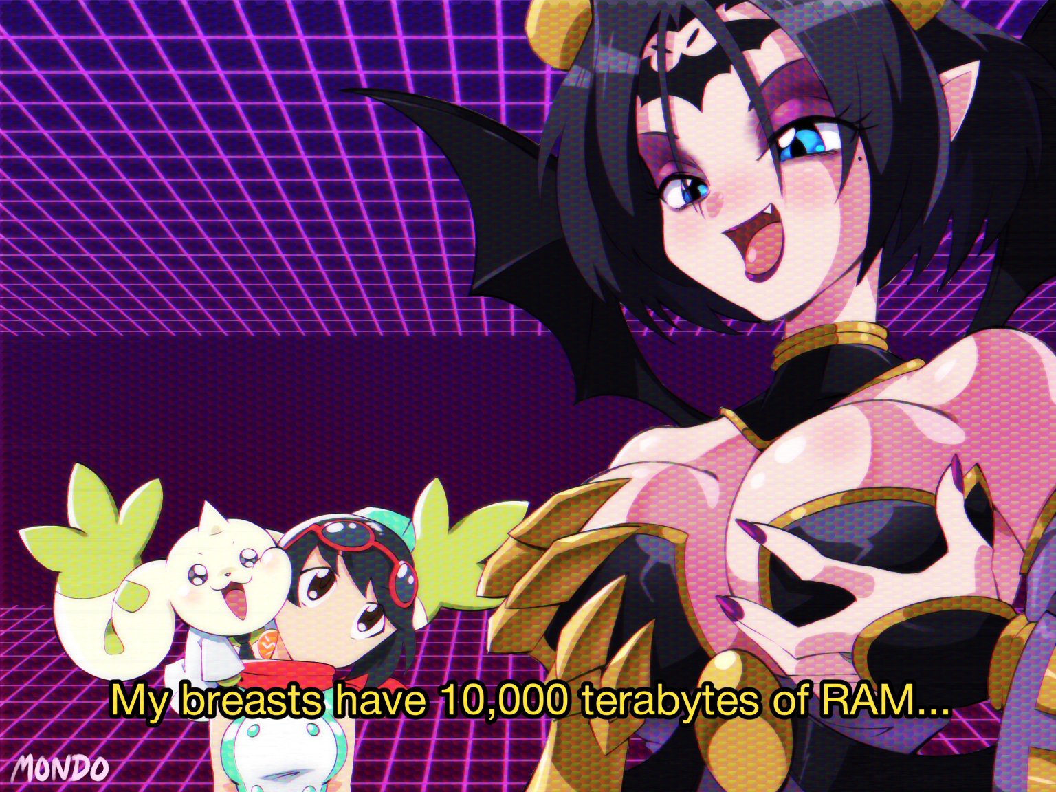 supermondobeat, lilithmon, terriermon, yuuki kanan, digimon, digimon story: time stranger, 2girls, bare shoulders, black hair, black wings, blue eyes, breasts, cleavage, demon girl, demon horns, demon wings, digimon (creature), dress, english text, eyeshadow, facial mark, forehead mark, goggles, grabbing own breast, green dress, head tilt, horns, large breasts, makeup, meme request, mole, mole under eye, multiple girls, pointy ears, purple eyeshadow, red scarf, scarf, short hair, terriermon joshu, two-tone dress, upper body, white dress, wings