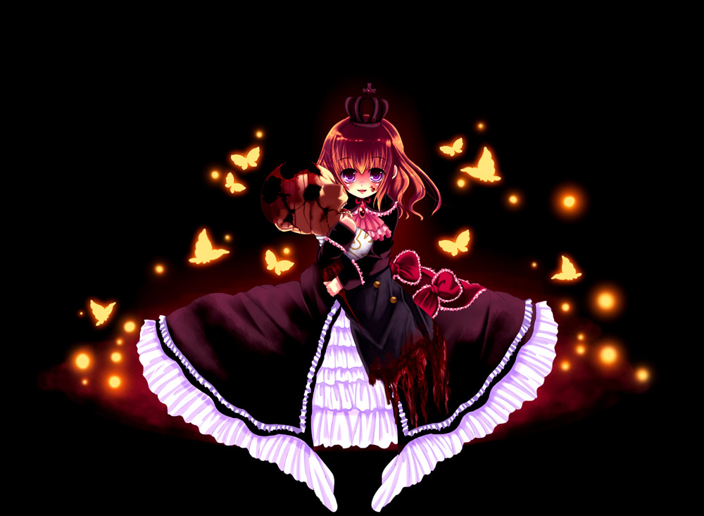 juugoya neko, maria (umineko), ushiromiya rosa, umineko no naku koro ni, bad id, bad pixiv id, 00s, black background, blood, blood on face, bow, bug, butterfly, crown, death, dress, dress bow, guro, insect, orange hair, purple eyes, solo