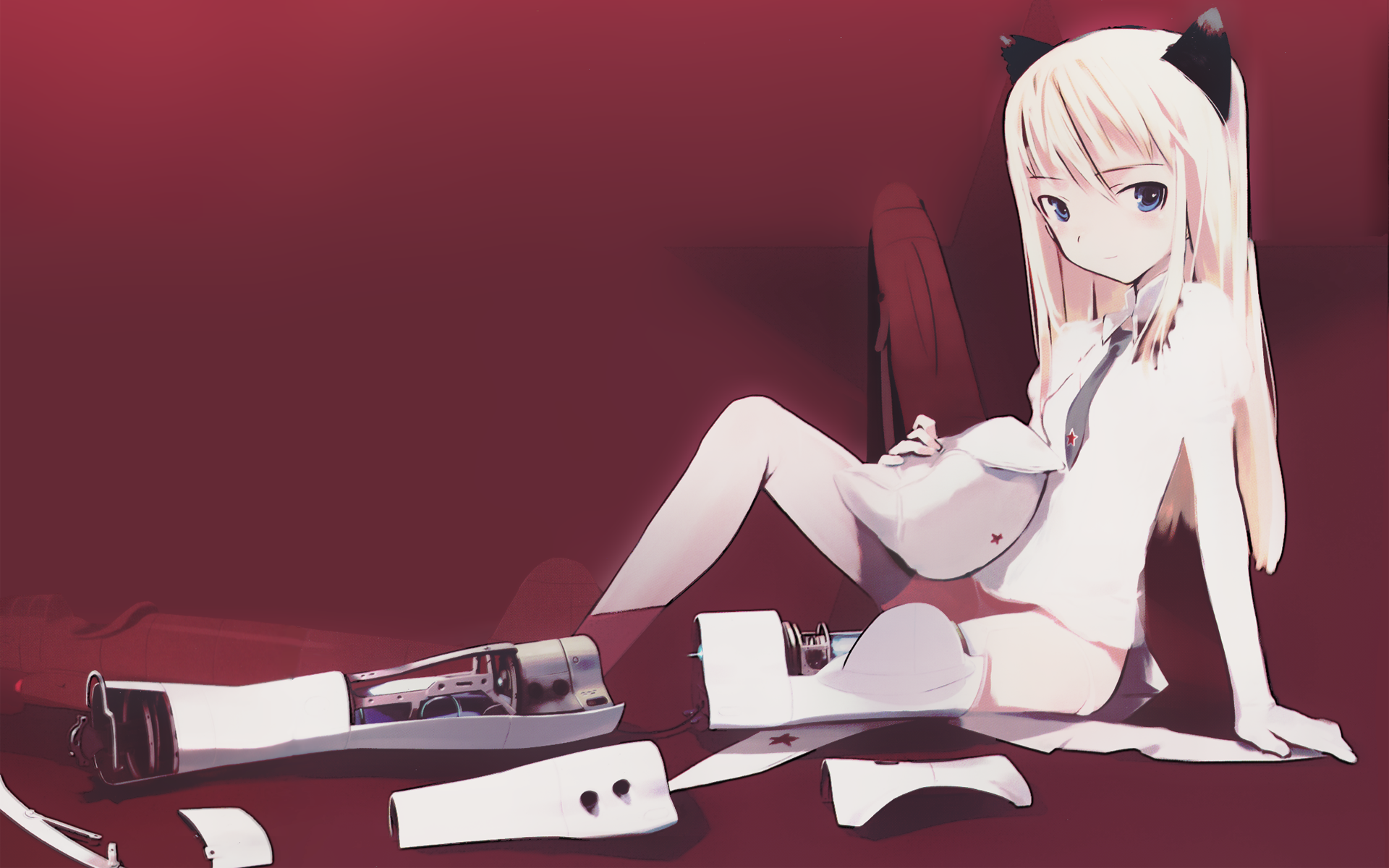 shimada fumikane, konami mecha musume, highres, 1girl, aircraft, airplane, animal ears, arm support, blonde hair, blue eyes, cat ears, female focus, hat, long hair, mecha musume, prosthesis, robot ears, solo
