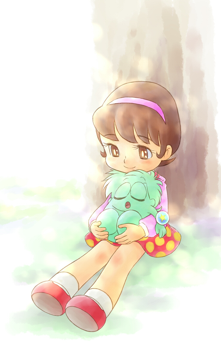 yamanokonza, chobin (hoshi no ko chobin), ruri (hoshi no ko chobin), hoshi no ko chobin, 1boy, 1girl, alien, blush, brown eyes, brown hair, closed eyes, creature, crystal ball, grass, green fur, hairband, long sleeves, looking at another, looking down, mary janes, on lap, open mouth, pink shirt, polka dot, polka dot skirt, red shoes, red skirt, school uniform, shirt, shoes, short hair, sitting, skirt, sleeping, smile, socks, star (symbol), suspender skirt, suspenders, tree, white background, white socks