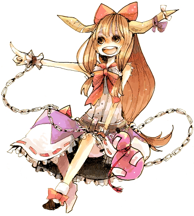 az, azuma aya, ibuki suika, touhou, 1girl, brown eyes, brown hair, chain, female focus, full body, hair ribbon, horns, long hair, ribbon, simple background, sitting, solo, white background