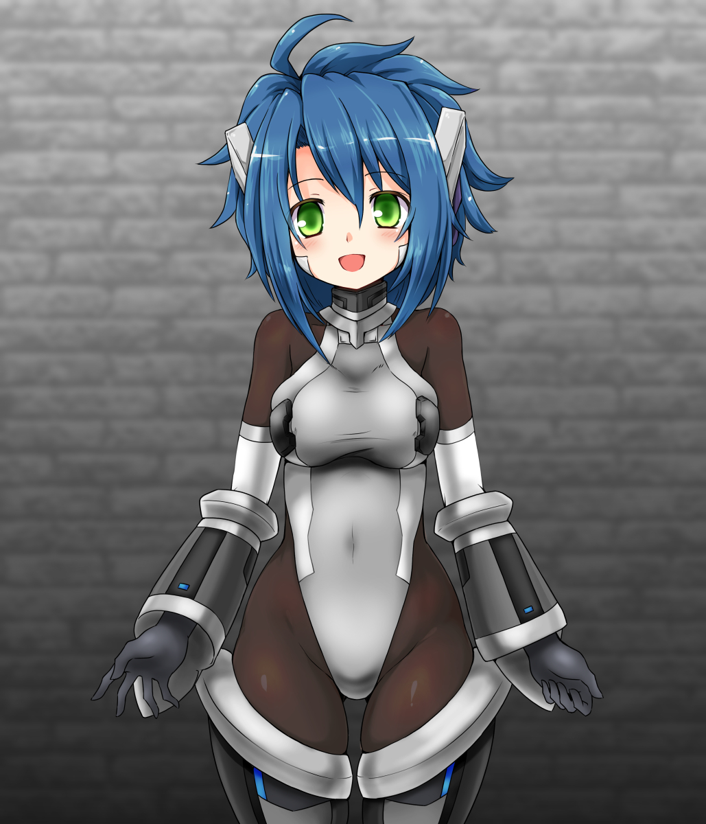 huyusilver, emil chronicle online, highres, 1girl, ahoge, android, black gloves, blue hair, bodysuit, breasts, collar, covered navel, gloves, green eyes, grey leotard, grey sleeves, leotard, lili (eco), looking at viewer, medium breasts, metal collar, open mouth, robot ears, solo, spiked hair