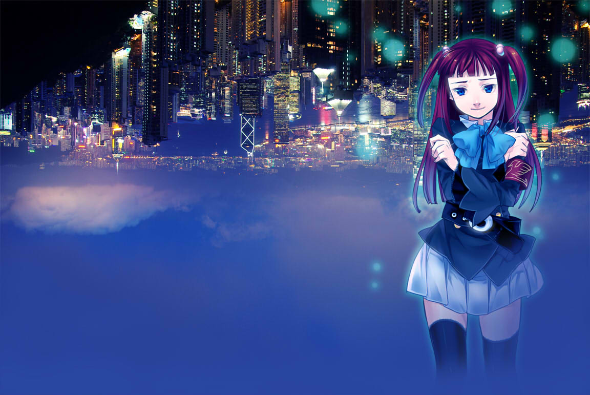 ushiromiya ange, umineko no naku koro ni, 00s, blue eyes, city, hair bobbles, hair ornament, long hair, red hair, ribbon, smile, solo, thighhighs, twintails, two side up, upside-down