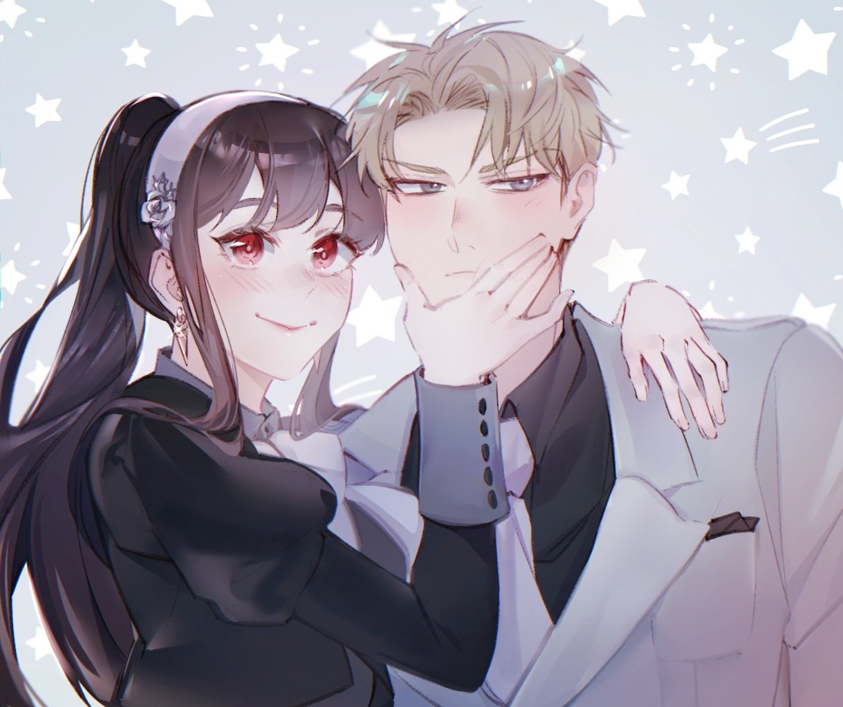 ideksams, twilight (spy x family), yor briar, spy x family, 1boy, 1girl, arm around shoulder, black hair, black jacket, black shirt, blonde hair, blue eyes, blush, collared shirt, couple, earrings, frown, gold earrings, grey background, grey jacket, grey necktie, hairband, hand on another's chin, hetero, jacket, jewelry, juliet sleeves, long hair, long sleeves, necktie, parted bangs, pocket square, ponytail, puffy sleeves, red eyes, shirt, shooting star, short hair, sidelocks, smile, suit jacket, upper body, white hairband