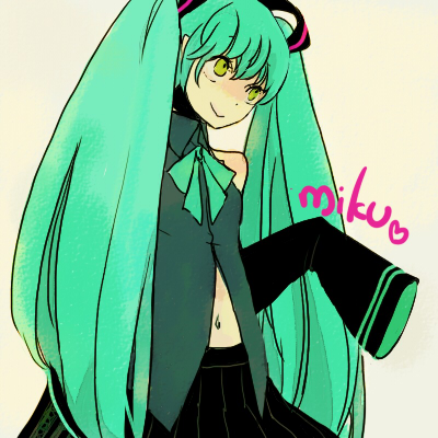 l hakase, hatsune miku, vocaloid, bad id, bad pixiv id, lowres, aqua hair, green eyes, long hair, long sleeves, navel, skirt, solo, twintails, very long hair