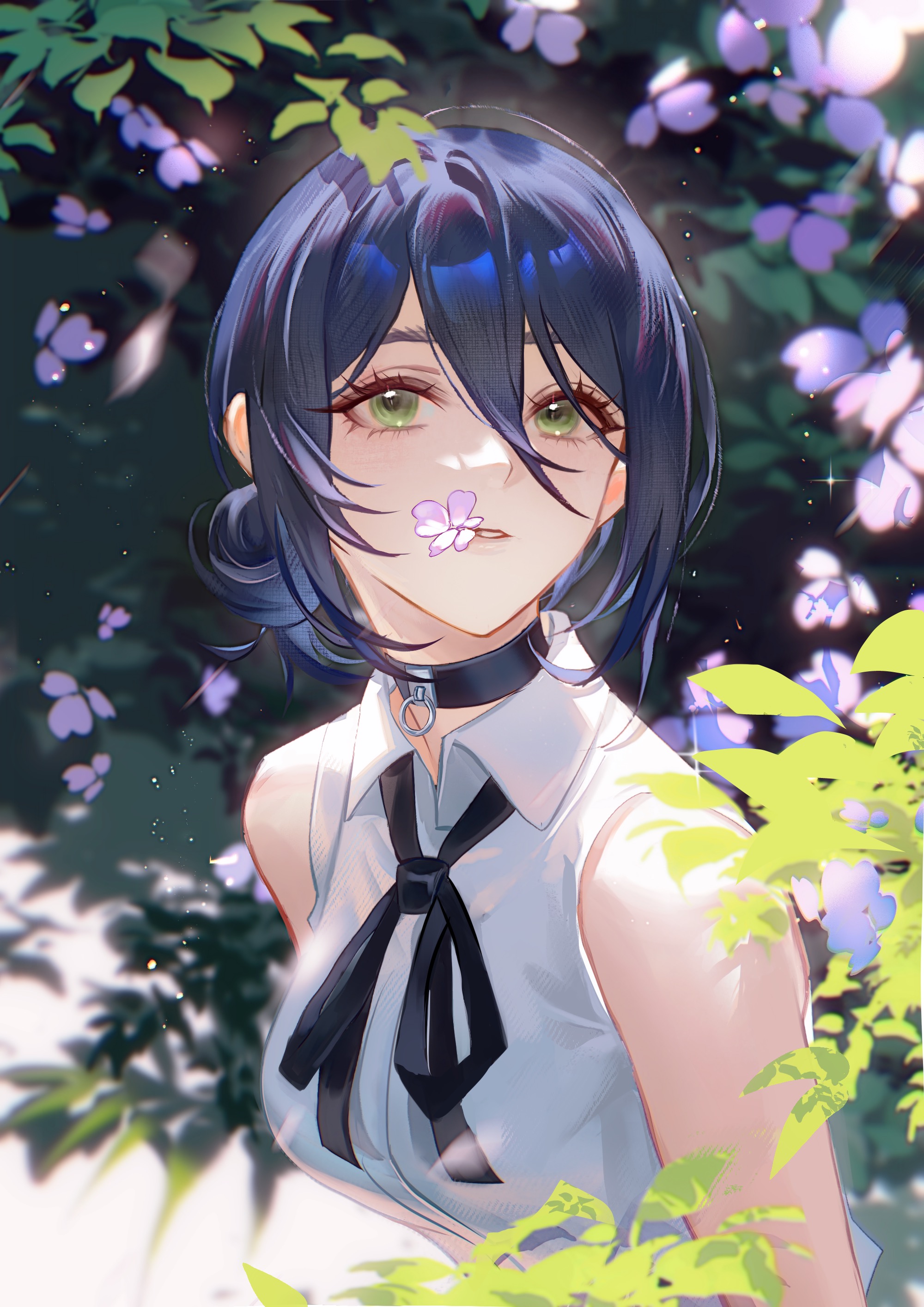 aikou echo, reze (chainsaw man), chainsaw man, absurdres, chinese commentary, commentary request, highres, partial commentary, 1girl, bare arms, bare shoulders, black choker, black ribbon, blue hair, blurry, blurry background, choker, collared shirt, diffraction spikes, falling flower, flower, green eyes, hair between eyes, leaf, light blush, light particles, long bangs, looking at viewer, neck ribbon, parted lips, purple flower, ribbon, shirt, sleeveless, sleeveless shirt, solo, updo, upper body