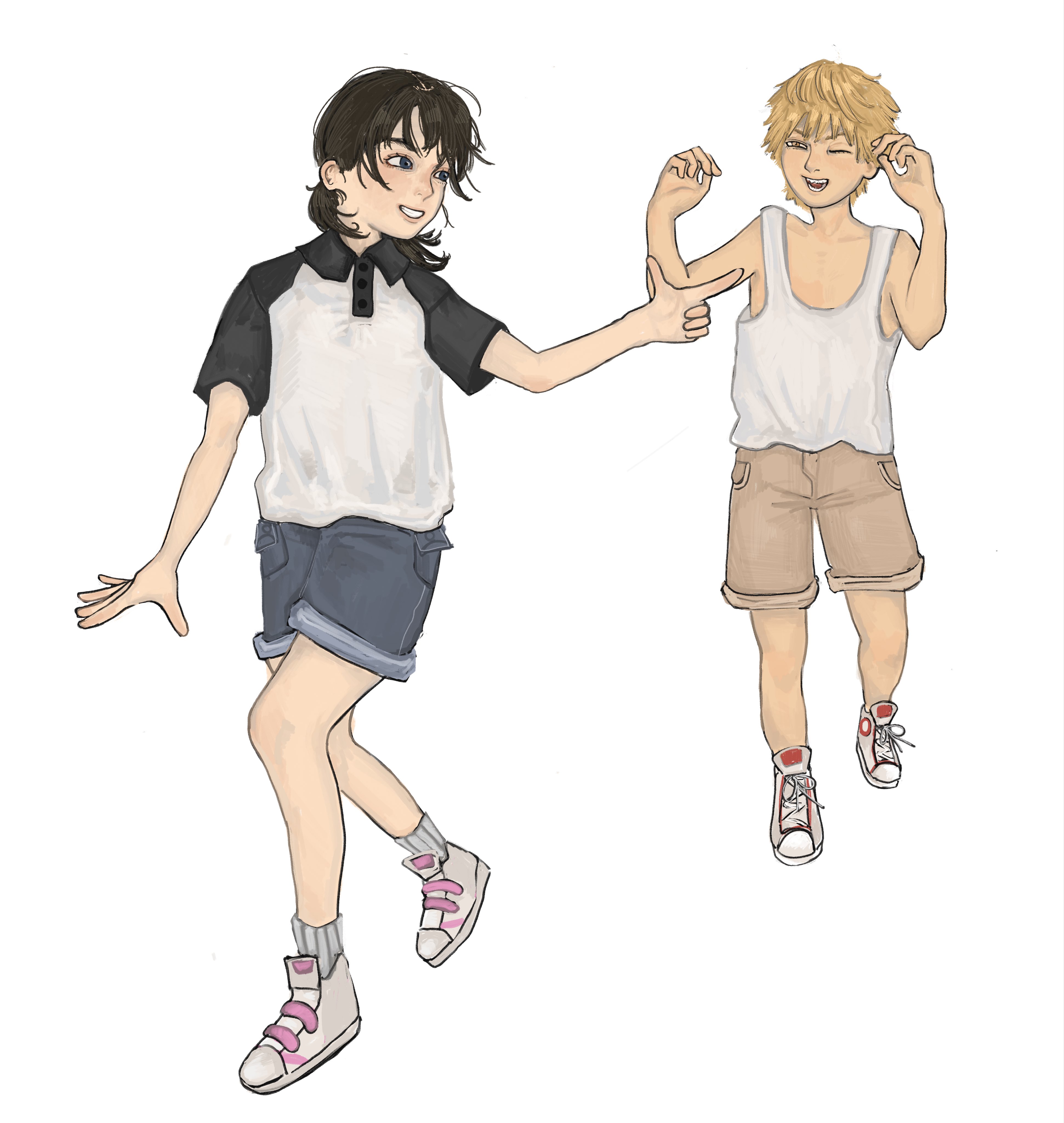 lulalunee, denji (chainsaw man), mitaka asa, chainsaw man, absurdres, highres, 1boy, 1girl, black eyes, black hair, blue shorts, grey shorts, low twintails, one eye closed, polo shirt, shirt, short hair, shorts, simple background, tank top, twintails, white background, white shirt, white tank top