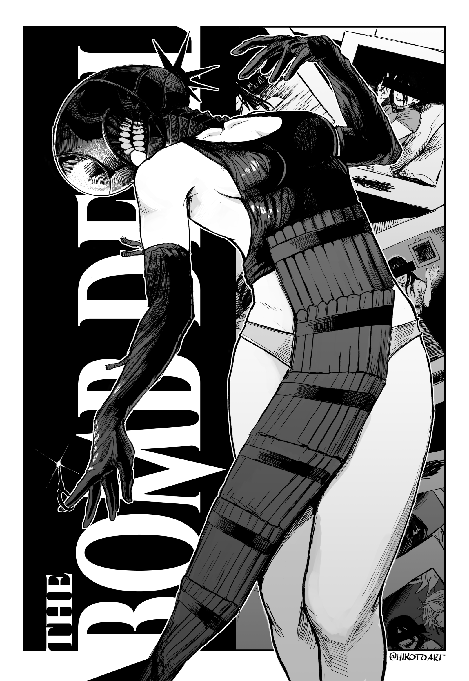 hirotoart, bomb devil (chainsaw man), reze (chainsaw man), chainsaw man, highres, 1girl, apron, bare shoulders, black gloves, black shirt, border, breasts, character name, cleavage, elbow gloves, feet out of frame, gloves, grenade pin, grey panties, greyscale, medium breasts, midriff, monochrome, panties, parted lips, pelvic curtain, photo (object), shirt, sideboob, smile, solo, teeth, thighs, twitter username, underwear, v, white border