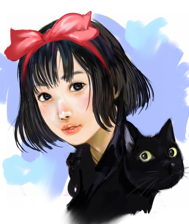 kazaana, jiji (majo no takkyuubin), kiki (majo no takkyuubin), majo no takkyuubin, studio ghibli, 1980s (style), black cat, black eyes, black hair, bow, cat, hairband, oldschool, realistic, retro artstyle, short hair, solo