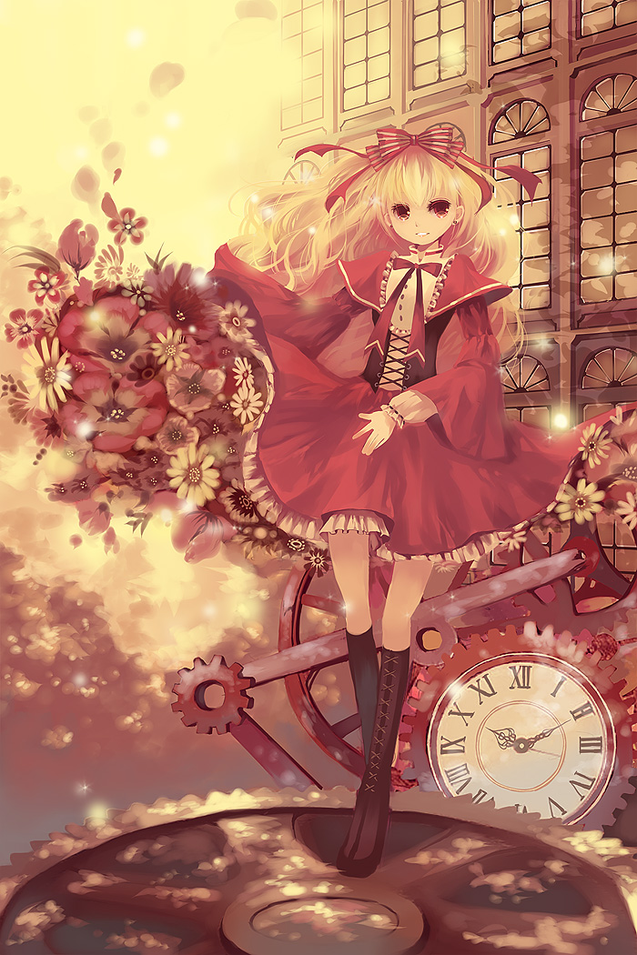 mirusa, original, 1girl, blonde hair, boots, clock, dress, female focus, flower, gears, knee boots, long hair, red eyes, ribbon, solo, standing