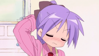 hiiragi kagami, lucky star, animated, animated gif, lowres, 00s, blush, closed eyes, long hair, purple hair