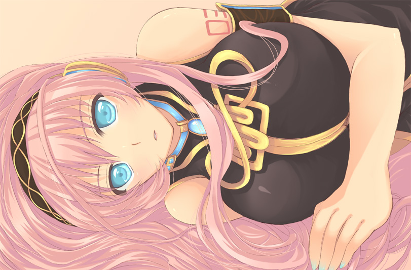sakurai unan, megurine luka, vocaloid, aqua eyes, long hair, lying, on side, pink hair, solo, very long hair