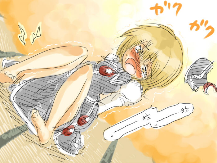 harusame (unmei no ikasumi), lunasa prismriver, touhou, 1girl, barefoot, blonde hair, blush, cramp, feet, female focus, hat, sitting, sketch, solo, tatami, tears