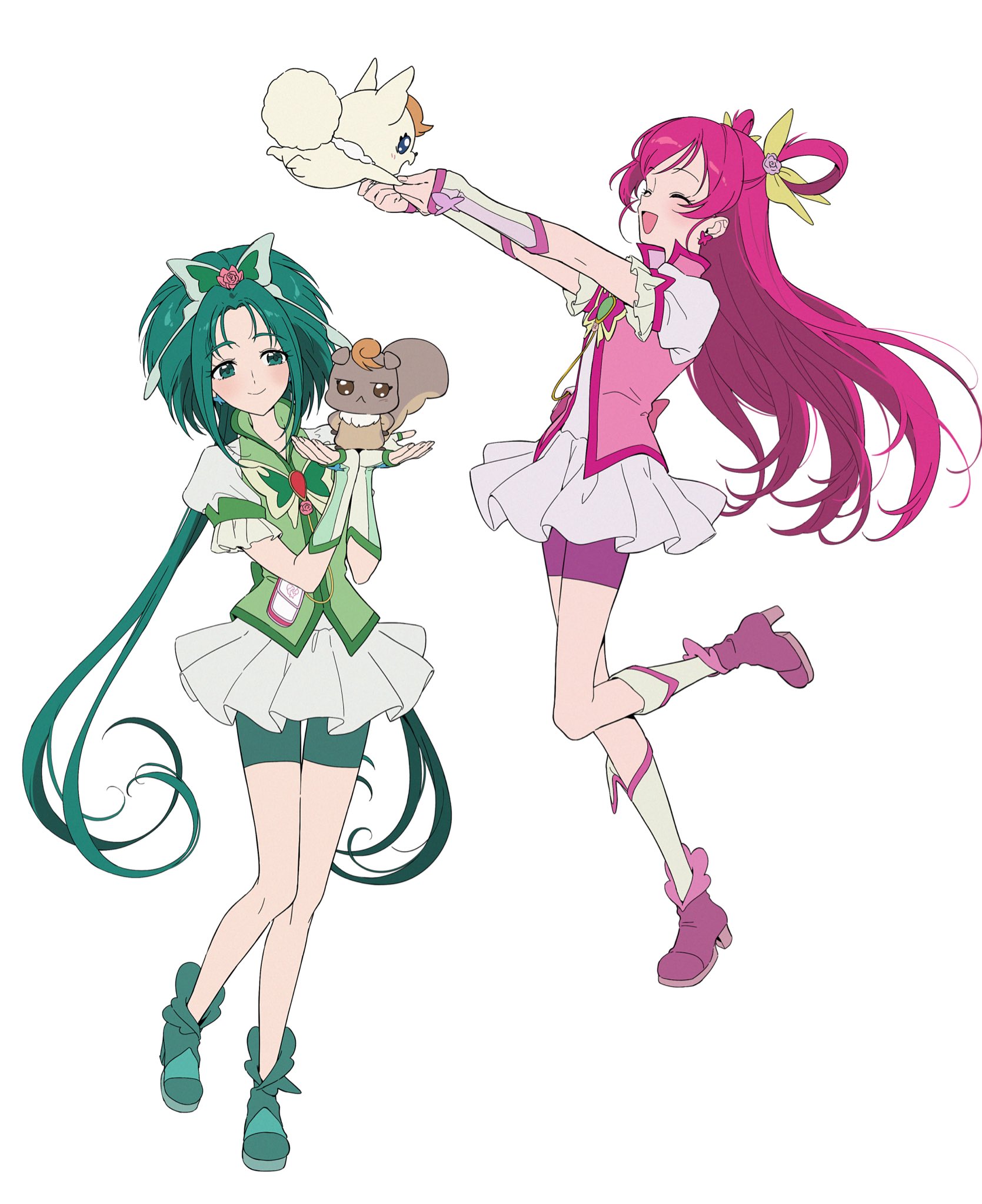 yuzu sato, akimoto komachi, coco (yes! precure 5), cure dream, cure mint, nuts (yes! precure 5), yumehara nozomi, precure, yes! precure 5, yes! precure 5 gogo!, commentary request, highres, 2girls, bike shorts, boots, brooch, butterfly brooch, butterfly earrings, butterfly hair ornament, earrings, flower, green boots, green eyes, green hair, green wrist cuffs, hair flower, hair ornament, hair rings, jewelry, long hair, looking at another, looking at viewer, magical girl, multiple girls, open mouth, pink hair, pink wrist cuffs, puffy short sleeves, puffy sleeves, short sleeves, smile, white background, wrist cuffs
