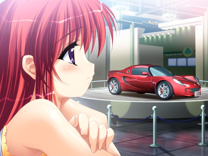 emily (pure dream), asahina rinka, lotus (brand), moero downhill night (series), moero downhill night 2, game cg, non-web source, 1girl, car, casual, female focus, long hair, lotus elise, motor vehicle, purple eyes, red hair, solo