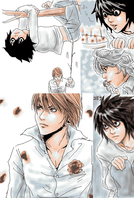 l (death note), near (death note), yagami light, death note, 00s, 3boys, bags under eyes, cake, climbing, collage, food, male focus, multiple boys, oekaki, pastry, petals, poking, tree, upside-down