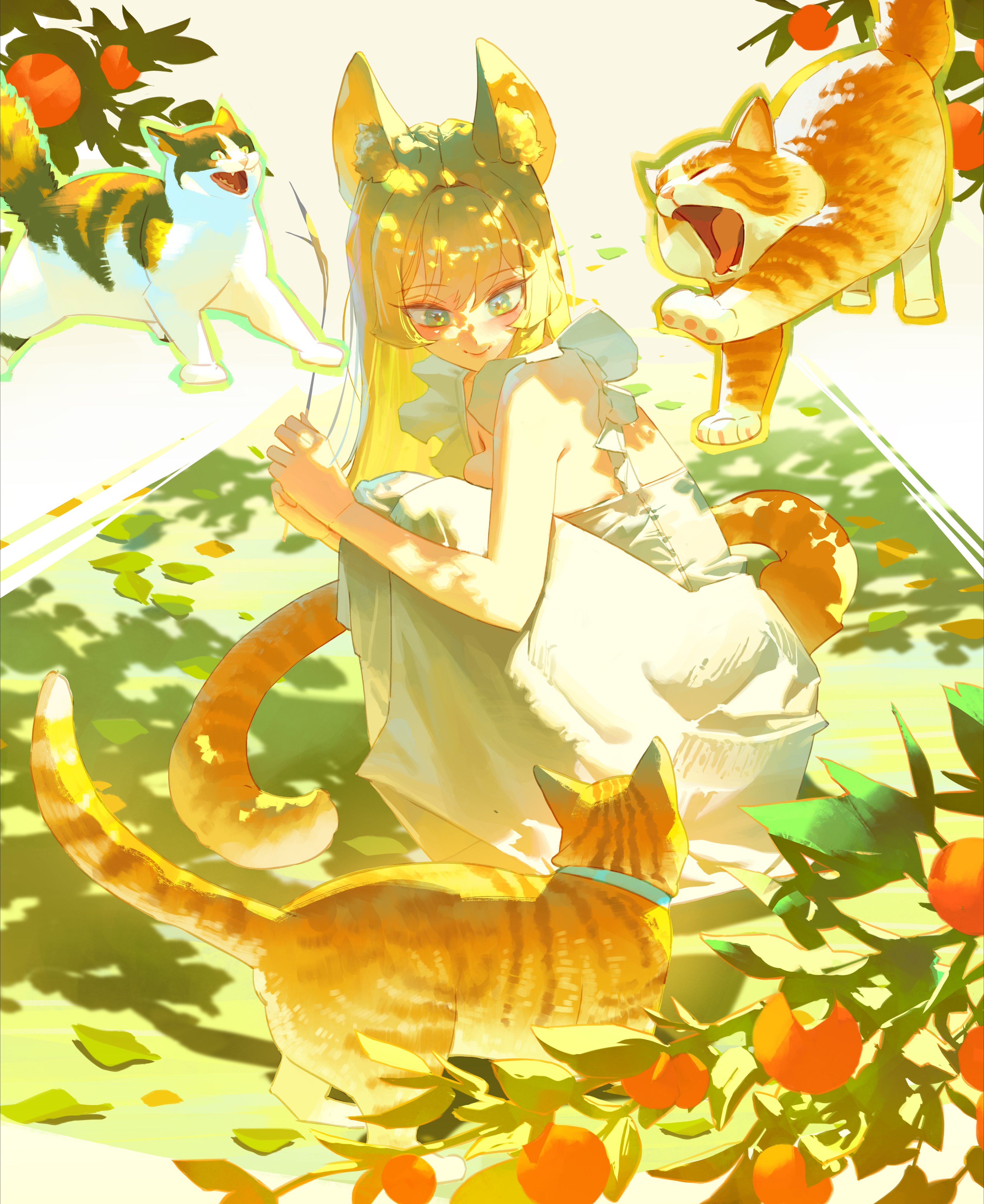 wonbin lee, original, absurdres, commentary, highres, symbol-only commentary, 1girl, animal ear fluff, animal ears, bare arms, blonde hair, blush, breasts, cat, cat ears, cat girl, cat tail, choppy bangs, closed mouth, day, dress, green eyes, holding, long hair, looking at animal, medium breasts, outdoors, sleeveless, sleeveless dress, smile, solo, squatting, tail, white dress