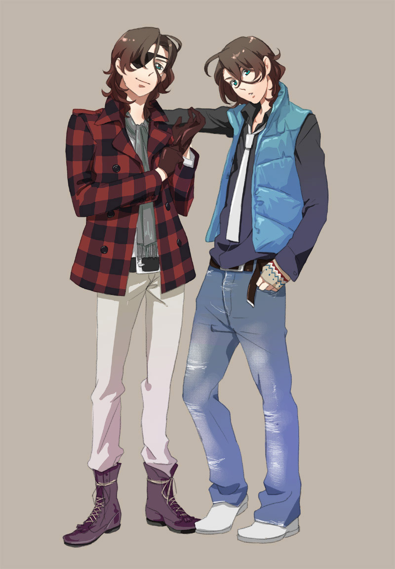 ikasumi, lockon stratos, lyle dylandy, neil dylandy, gundam, gundam 00, plaid, bad id, bad pixiv id, 00s, 2boys, baggy pants, belt, blazer, boots, brothers, brown hair, dress shirt, eyepatch, fashion, gloves, green eyes, head tilt, jacket, male focus, multiple boys, necktie, pants, pants tucked in, scarf, shirt, short hair, siblings, simple background, square-end necktie, streetwear, twins, vest