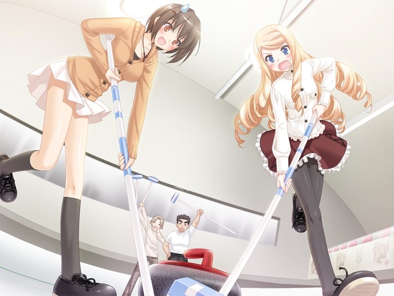 kani biimu, midou iori, yoshioka saeko, konayuki fururi, non-web source, 2boys, 2girls, ^ ^, blonde hair, blue eyes, blush, breasts, brown eyes, brown hair, closed eyes, curling, curling stone, drill hair, fisheye, large breasts, long hair, miniskirt, multiple boys, multiple girls, pantyhose, short hair, skirt, smile