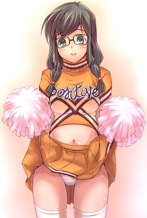 e20, houzumi kaede, original, 1girl, cheerleader, clothes lift, female focus, glasses, panties, pantyshot, pom pom (cheerleading), skirt, skirt lift, solo, thighhighs, underwear