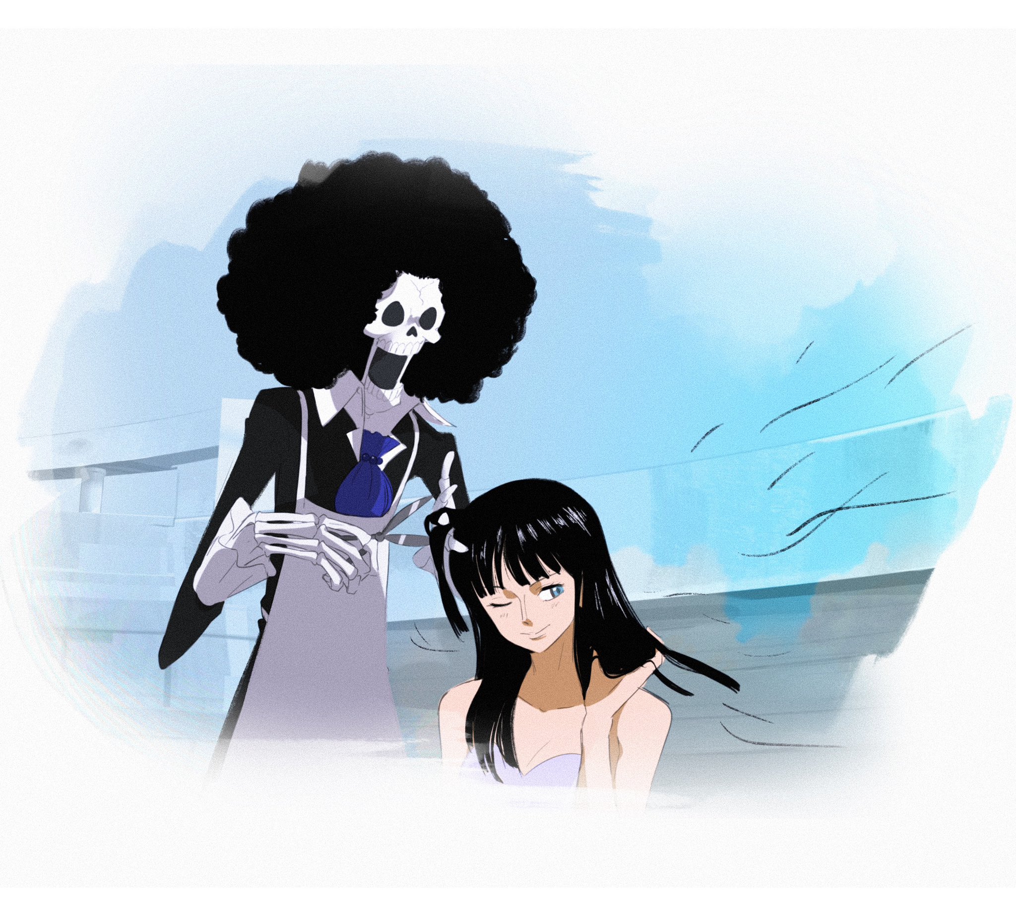 startboii, brook (one piece), nico robin, one piece, commentary, highres, symbol-only commentary, 1boy, 1girl, afro, apron, ascot, black hair, black jacket, blue ascot, blue eyes, blunt bangs, blush, cutting another's hair, cutting hair, jacket, long hair, one eye closed, outdoors, skeleton, smile, white apron