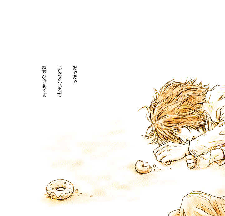 l (death note), death note, translation request, 00s, 1boy, donut, food, lying, male focus, monochrome, simple background, sleeping, solo, text focus