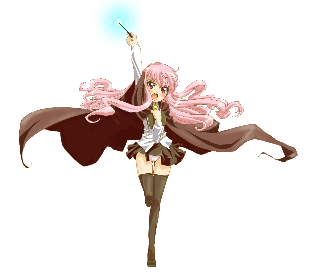 fujimoto satoru, louise francoise le blanc de la valliere, zero no tsukaima, 00s, 1girl, black cape, black shoes, black skirt, bow, bow panties, cape, female focus, full body, loafers, panties, pantyshot, pentacle, pink eyes, pink hair, shirt, shoes, skirt, solo, standing, standing on one leg, thighhighs, underwear, white background, white panties, white shirt, zettai ryouiki