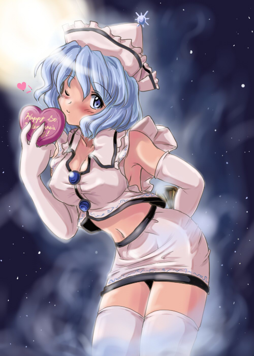 flx, merlin prismriver, touhou, 1girl, adapted costume, blue eyes, blue hair, blush, breasts, cleavage, elbow gloves, female focus, gloves, hat, heart, instrument, matching hair/eyes, midriff, miniskirt, navel, night, one eye closed, sideboob, skirt, solo, thighhighs, trumpet, valentine, wink, zettai ryouiki