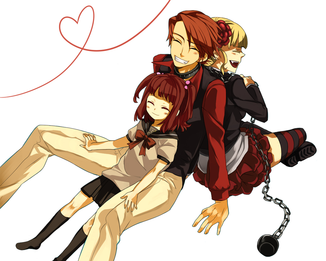 nanamura, beatrice (umineko), ushiromiya ange, ushiromiya battler, umineko no naku koro ni, bad id, bad pixiv id, 00s, 1boy, 2girls, aged down, blonde hair, brother and sister, closed eyes, collar, hair bobbles, hair ornament, heart, heart of string, multiple girls, red hair, school uniform, siblings, thighhighs, twintails