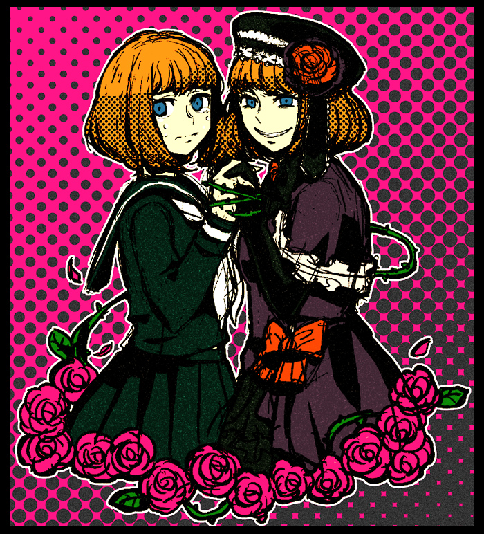 sanada (sappu), eva beatrice, ushiromiya eva, umineko no naku koro ni, bad id, bad pixiv id, 00s, aged down, blue eyes, bow, flower, grin, hat, orange hair, rose, school uniform, smile, tears