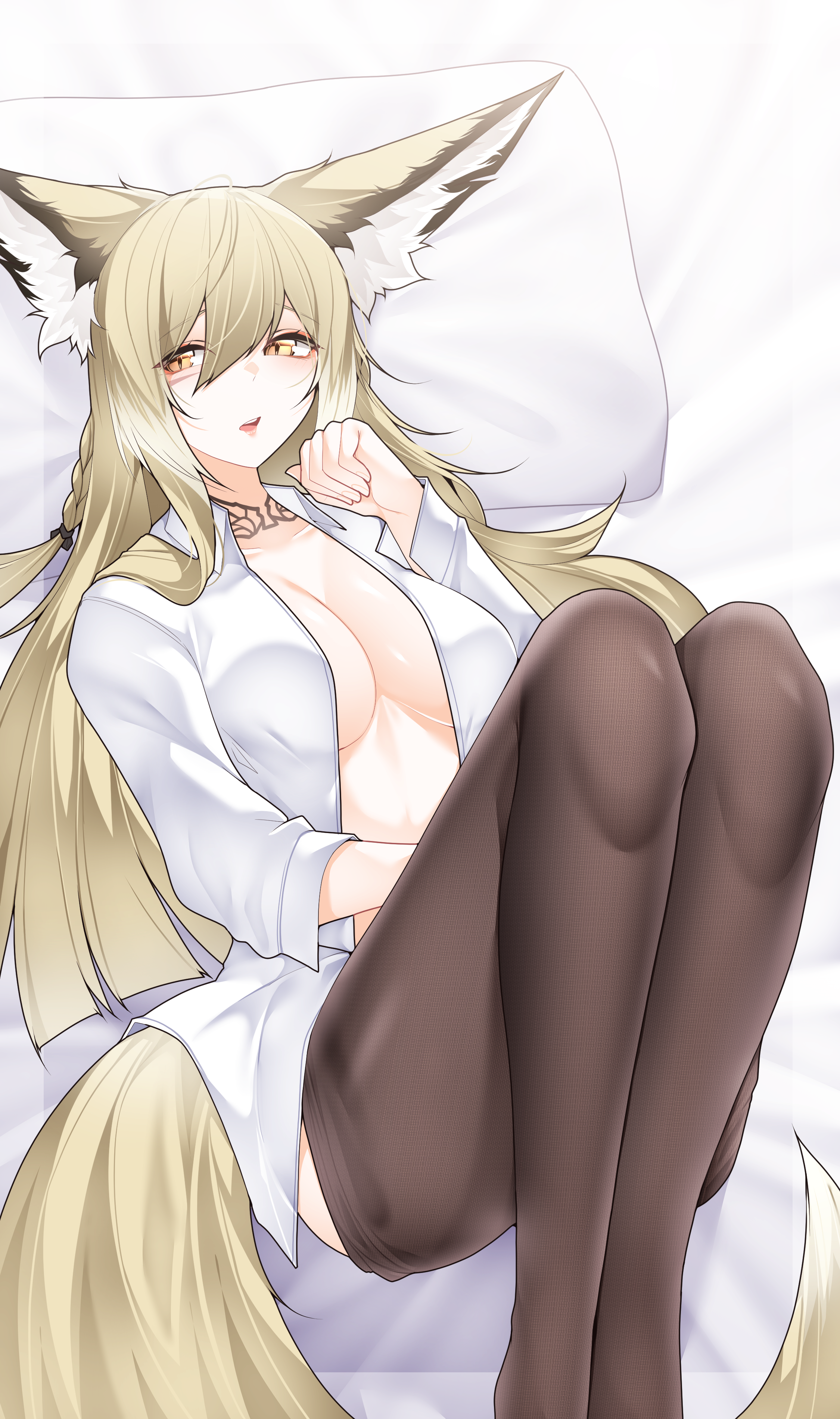 samip, vulpisfoglia (arknights), arknights, absurdres, commentary, english commentary, highres, 1girl, animal ear fluff, animal ears, bed sheet, black pantyhose, blonde hair, braid, breasts, casual, cleavage, collarbone, collared shirt, dated commentary, facial scar, feet out of frame, fine fabric emphasis, fingernails, fox ears, fox girl, fox tail, hair between eyes, hand up, head on pillow, large breasts, long hair, long sleeves, looking to the side, naked shirt, no bra, on bed, open clothes, open mouth, open shirt, orange eyes, pantyhose, pillow, scar, scar on cheek, scar on face, shirt, sidelocks, single braid, slit pupils, solo, sunlight, tail, tattoo choker, teeth, upper teeth only, white shirt, yellow tail