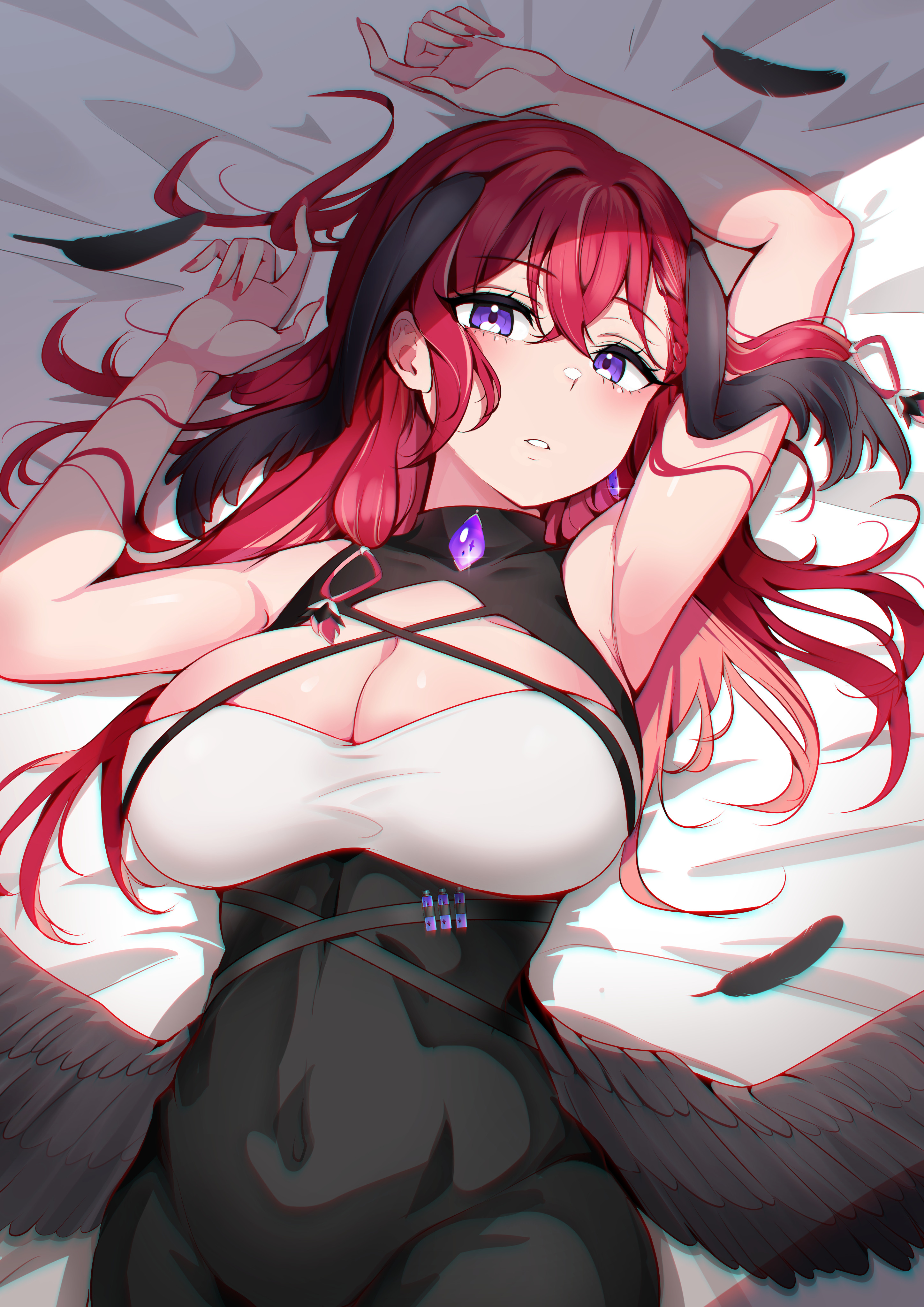 kiiro (cocoa080), konkon aria, neo-porte, absurdres, highres, 1girl, :o, arms up, bed sheet, black dress, black romper, black wings, blush, breasts, cleavage, covering breasts, covering privates, criss-cross straps, dress, earrings, falling feathers, feathers, gem, hair between eyes, head wings, high-waist shorts, jewelry, large breasts, long hair, low wings, lying, on back, on bed, purple eyes, purple gemstone, red hair, romper, shirt, shorts, sidelocks, solo, upper body, virtual youtuber, wings