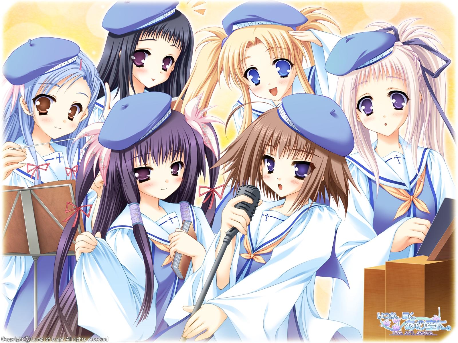 moekibara fumitake, asuku san, ii futami, mitora mememe, ousuki konome, ousuki midori, toorimai non, itsuka todoku ano sora ni, highres, 6+girls, beret, black hair, blonde hair, blue eyes, blue hair, blush, book, braid, brown eyes, brown hair, hair ornament, hairclip, hat, long hair, microphone, multiple girls, ponytail, purple eyes, purple hair, salute, school uniform, short hair, smile, twintails, very long hair, white hair