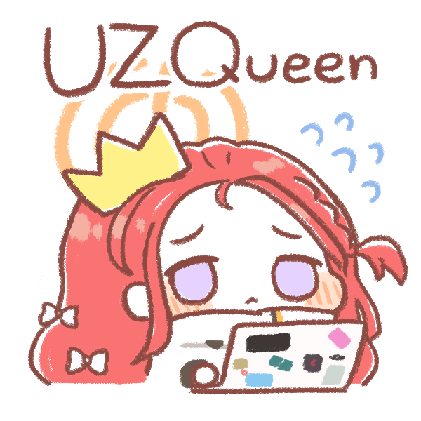 coconutcorn, yuzu (blue archive), blue archive, 1girl, bow, chibi, chibi only, computer, crown, english text, flying sweatdrops, forehead, hair bow, halo, laptop, long hair, purple eyes, red hair, sticker (medium)