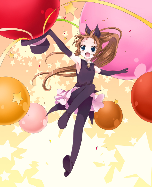 namori, haneoka meimi, saint tail, kaitou saint tail, original, 1990s (style), 1girl, brown hair, elbow gloves, female focus, gloves, hair ribbon, hat, hat tip, legs, long hair, magician, pantyhose, ponytail, retro artstyle, ribbon, solo, top hat