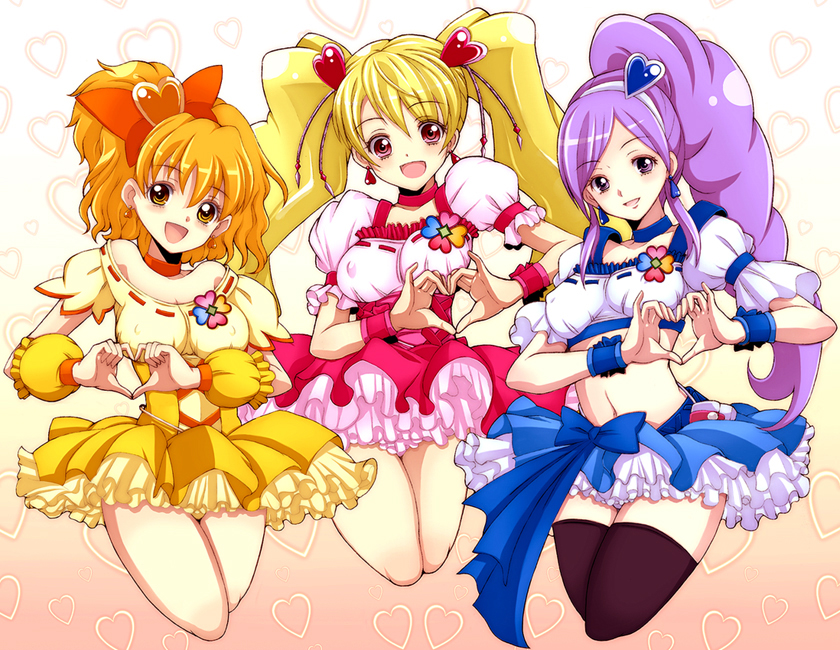 kannagi kaname, aono miki, cure berry, cure peach, cure pine, momozono love, yamabuki inori, fresh precure!, precure, 00s, 3girls, black thighhighs, blonde hair, blue skirt, bow, breasts, choker, covered erect nipples, dress, earrings, frills, hair ornament, heart, heart hair ornament, heart hands, jewelry, kneeling, long hair, magical girl, medium breasts, midriff, multiple girls, orange hair, pink bow, purple eyes, purple hair, side ponytail, skirt, thighhighs, yellow eyes, zettai ryouiki
