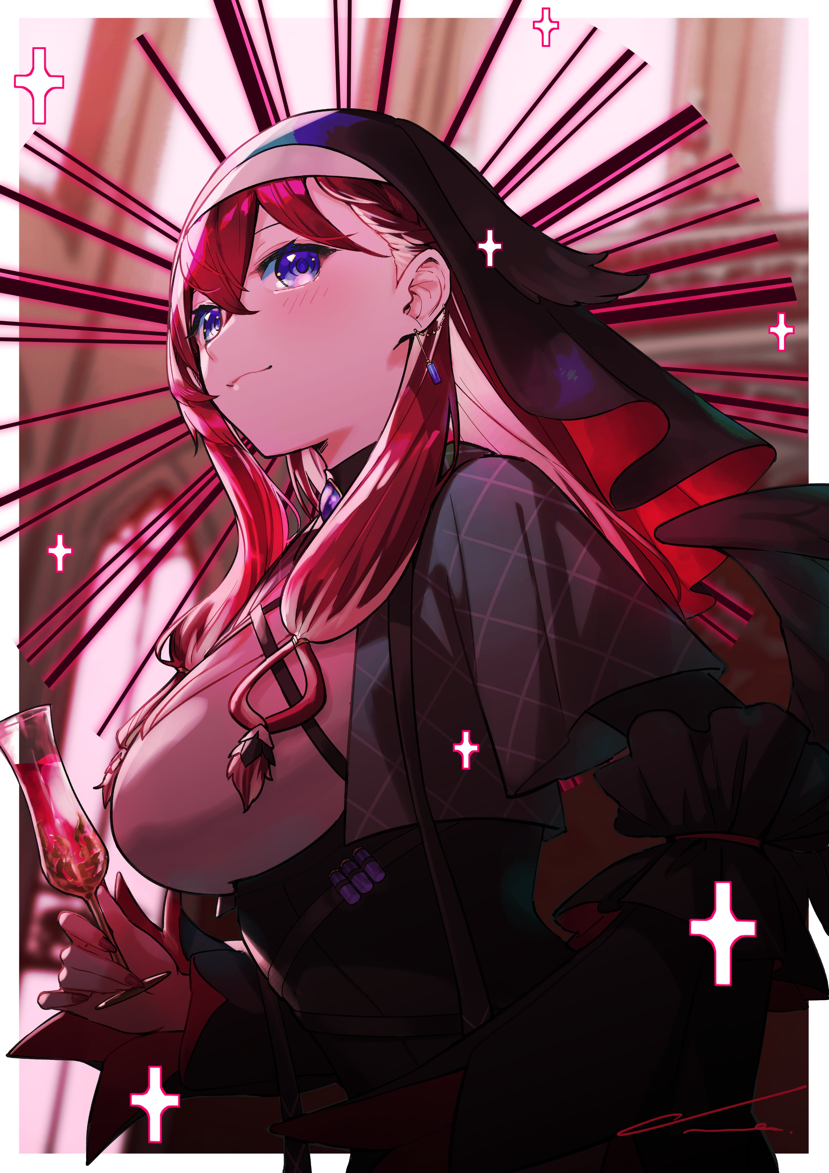 nemoto yuuma, konkon aria, neo-porte, absurdres, highres, 1girl, black coif, black dress, black romper, black wings, braid, breasts, capelet, church, cleavage, cleavage cutout, clothing cutout, coif, covering breasts, covering privates, criss-cross straps, cross, cup, dress, drinking glass, ear chain, earrings, from below, gem, grey capelet, hair between eyes, halo, head wings, high-waist shorts, jewelry, large breasts, latin cross, light smile, linked piercing, long hair, long sleeves, low wings, nun, piercing, purple eyes, purple gemstone, red hair, romper, shirt, shorts, sidelocks, solo, upper body, virtual youtuber, wine glass, wings