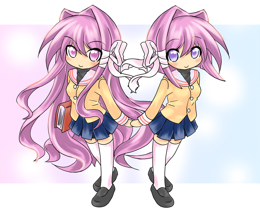 ion (artist), fujibayashi kyou, fujibayashi ryou, clannad, 00s, blue eyes, book, chibi, long hair, purple eyes, purple hair, school uniform, short hair, siblings, sisters, thighhighs, twins